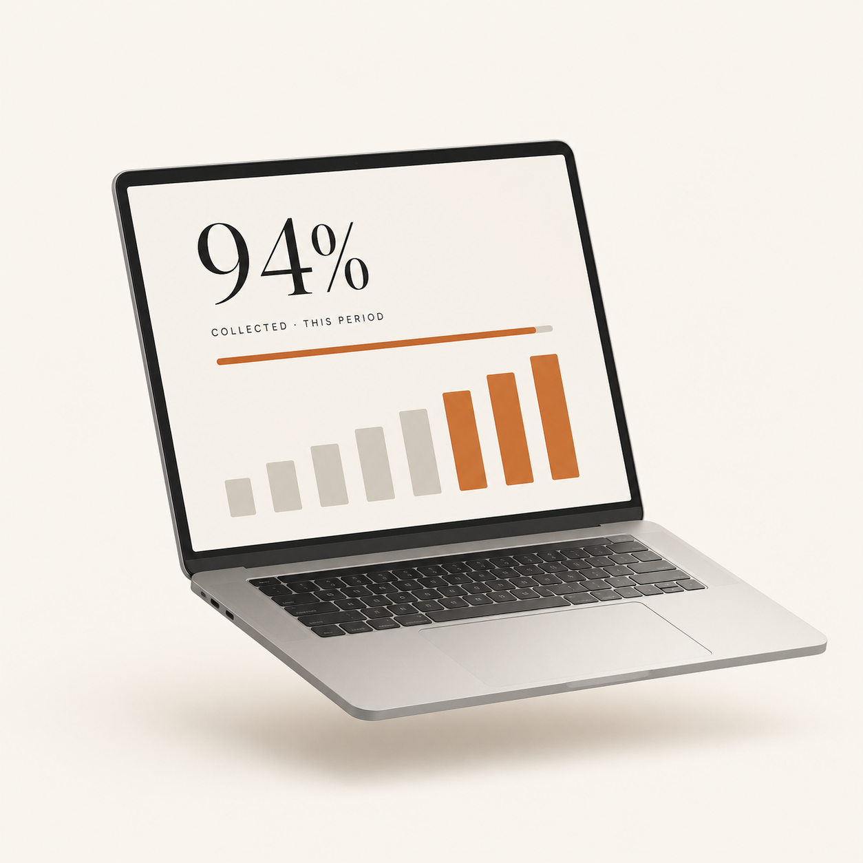 Laptop displaying Rally dashboard with 94% collected this period