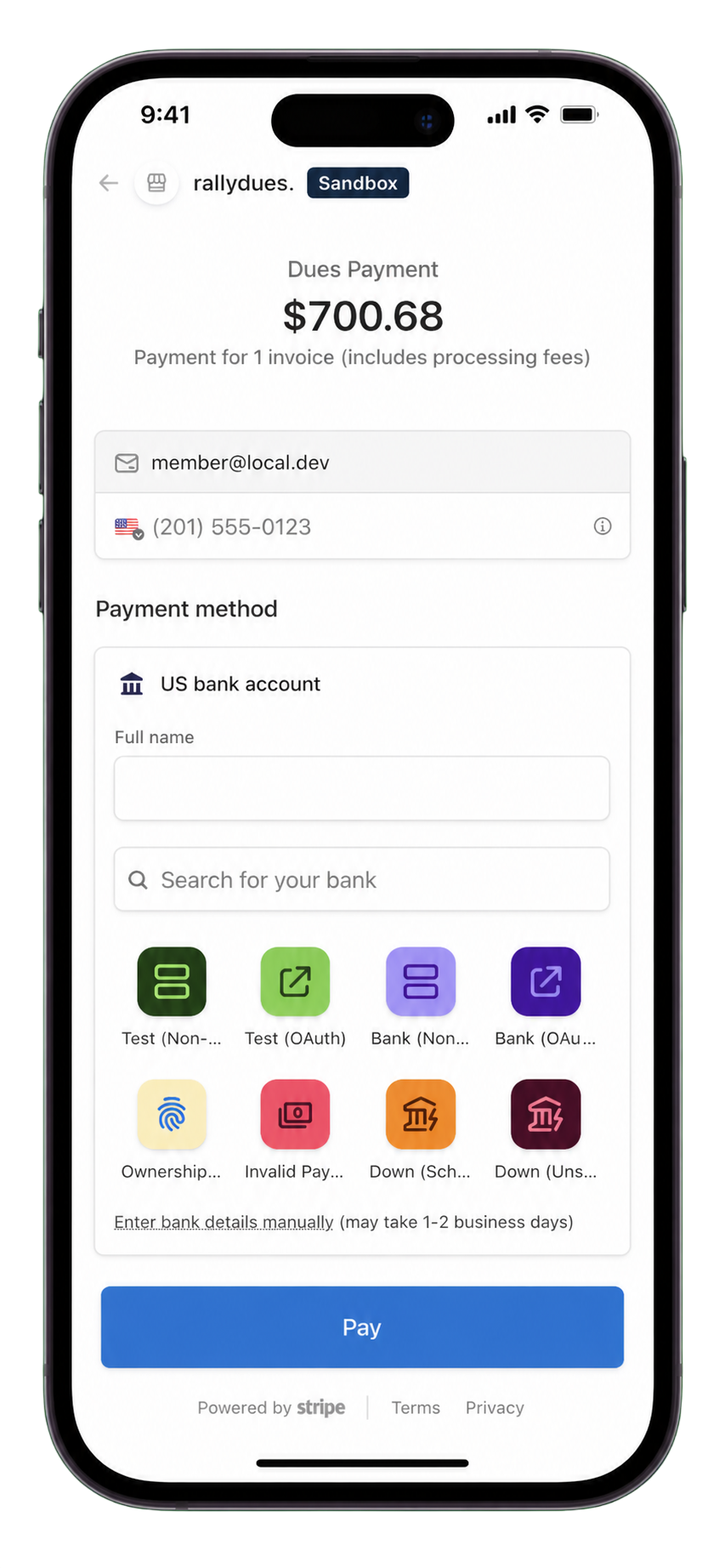 Member paying dues from an iPhone via QuickPay link